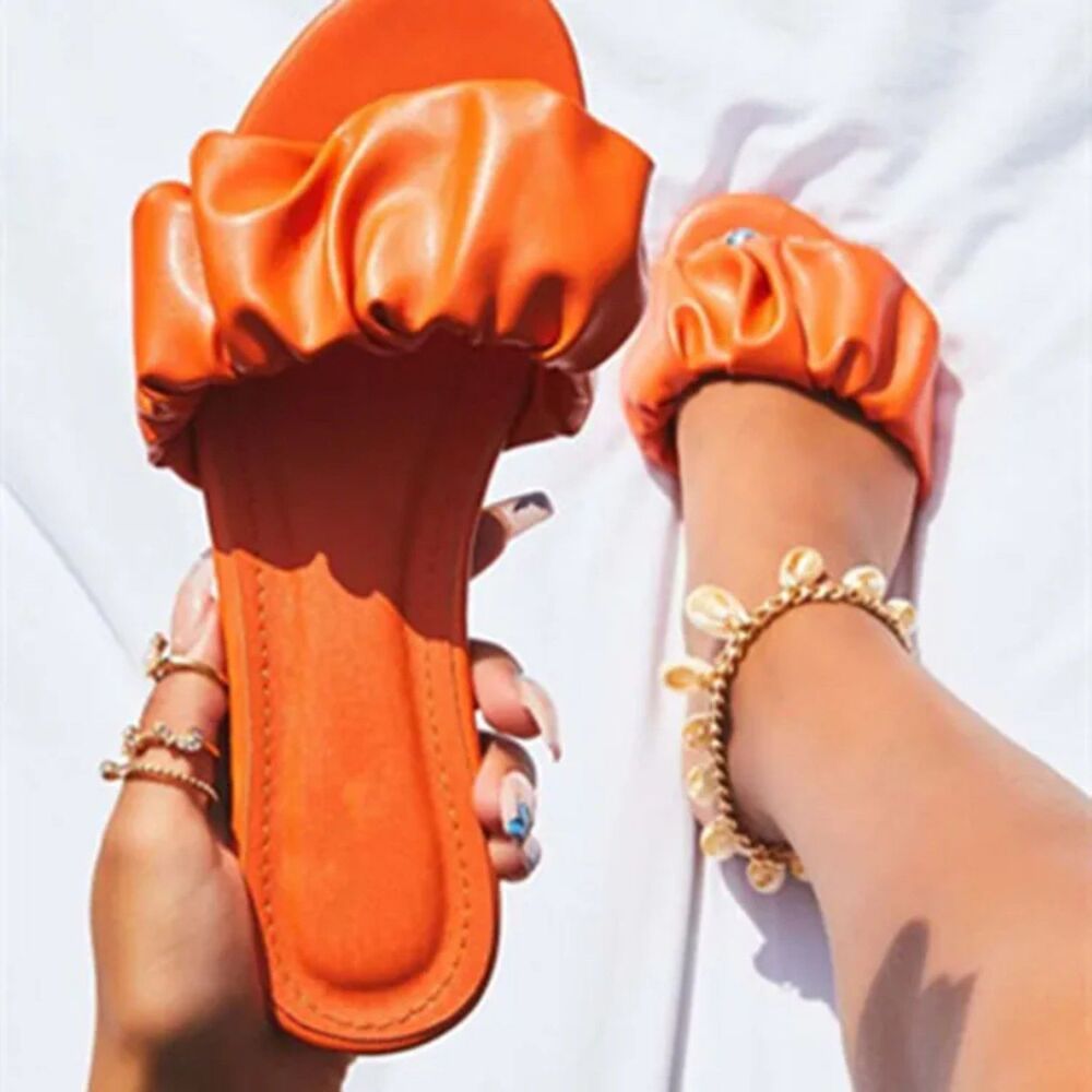 PHILLY'S TREASURE WOMEN ORANGE RUFFLED LEATHER LOW HEEL SANDALS